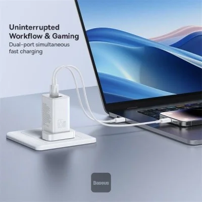Baseus 65W 3-Port (2 Type-C + Usb-A) Fast Wall Charger - White